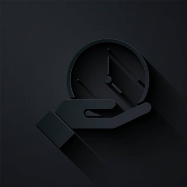 Kağıt kesiği Saat simgesi siyah arkaplanda izole edildi. Zaman sembolü. Kağıt sanatı tarzı. Vektör.