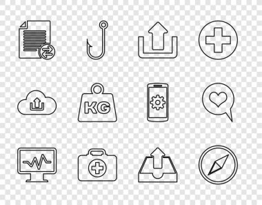 Çizgi Monitörünü kardiyogram Rüzgâr Gülü Yükle İlk Yardım Çantası Aktarım Dosyaları Ağırlık Gelen Kutusu ve Kalp konuşma balonu ikonu ile ayarla. Vektör.