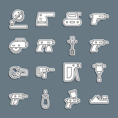 Hat ahşap uçak aracı İnşaat matkabı kablosuz tornavida planörü boya sprey tabancası dairesel tahta işçiliği ve elektrikli el yapımı beton karıştırıcı ikonu için masa testeresi. Vektör.