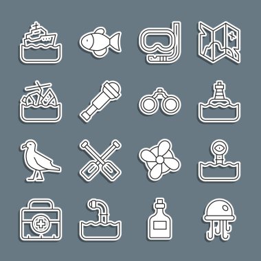 Denizanası Periscope Yüzen şamandıra dalış maskesi ve Spyglass teleskop batan yolcu gemisi Cruise ve dürbün ikonu. Vektör.