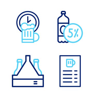 Bira menüsü, bira şişeleri ve indirimli içki saati ikonu. Vektör.
