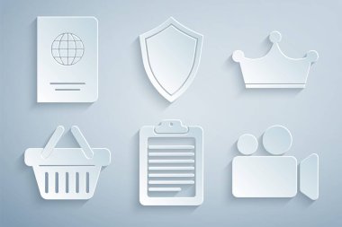 Panoyu Crown Alışveriş Sepeti Filmi veya Video Kamera Kalkanı ve Pasaport simgesi ile ayarla. Vektör.