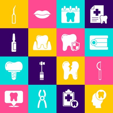 İnsan kafasını diş ipi protezi model takvim diş ağrısı kesici tablet ölçeklendirici ve koruma ikonu ile ayarla. Vektör.