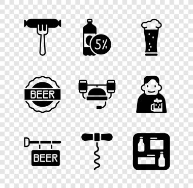 Bira şişesinin çatalına sosis koyun. Şarap tirbuşonu menüsü, şişe kapağı ve kask ikonu. Vektör.