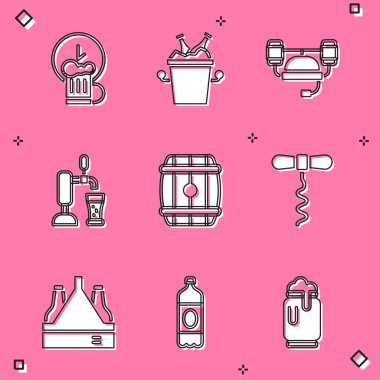 Bira şişelerini buz kovası miğfer musluğuna, cam tahta fıçı şarap tirbuşonu bira ve plastik ikon ile yerleştirin. Vektör.