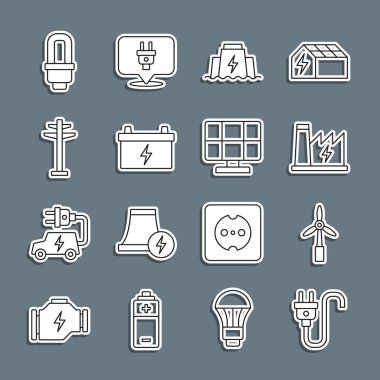 Elektrik prizi türbini hidroelektrik santrali hidroelektrik baraj araba akü kulesi LED ampul ve güneş enerjisi panel ikonu ayarlayın. Vektör.
