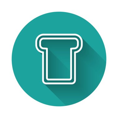 Uzun gölgeli izole edilmiş kızarmış ekmek dilimi için beyaz çizgili ekmek tostu. Öğle yemeği, akşam yemeği, kahvaltı atıştırmalığı. Yeşil daire düğmesi. Vektör.