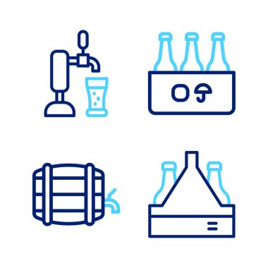 Bira şişelerini sıraya dizin tahta fıçıyı rafa koyun ve bira fıçısını cam ikonla doldurun. Vektör.