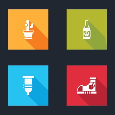 Kaktüs, bira şişesi, prezervatif ve spor ayakkabı ikonu. Vektör.