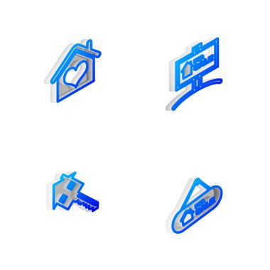 Isometric hattını Satılık Tabelayı, Ev 'in kalp şeklini, anahtarı ve simgesini belirle. Vektör.