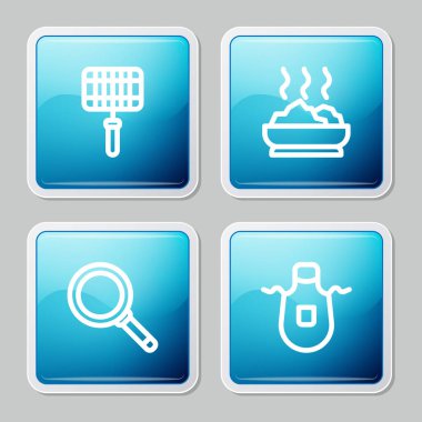 Barbekü çelik ızgara ızgara kase sıcak çorba kızartma tavası ve mutfak önlüğü ikonu. Vektör.