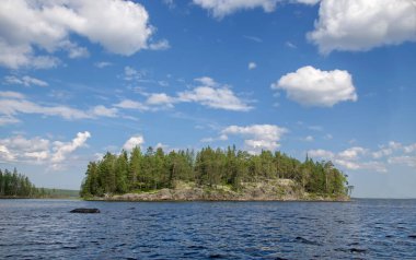 Yukarı Pulongskoye Gölü kıyısındaki Karelia kayalıklarında vahşi orman.