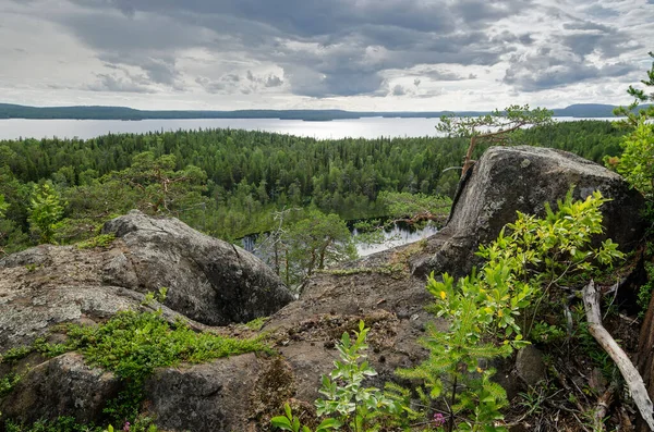 Karelia 'daki ormanlık kıyı kayalıkları