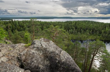 Karelia 'daki ormanlık kıyı kayalıkları