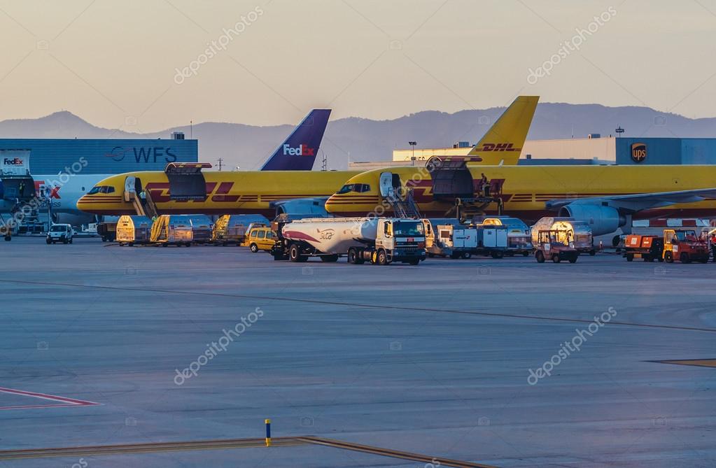 Barcelona, Spain - May 28, 2015. Cargo planes at Barcelona El Prat International Airport