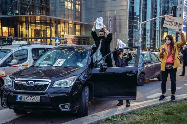 Varsovia Polonia Octubre 2020 Manifestantes Bloquearon Las Calles Ciudad Durante — Foto de Stock