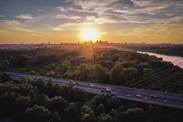 Pôr Sol Varsóvia Capital Polônia Vista Drone Com Ponte Siekierkowski — Fotografia de Stock