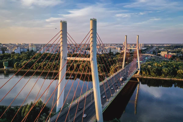 Drone Vista Del Puente Siekierkowski Sobre Río Vístula Varsovia Capital —  Fotos de Stock