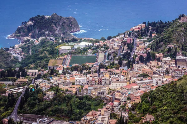 Castelmola Talya Mayıs 2019 Taormina Şehrinin Havadan Görünüşü Sicilya Daki — Stok fotoğraf