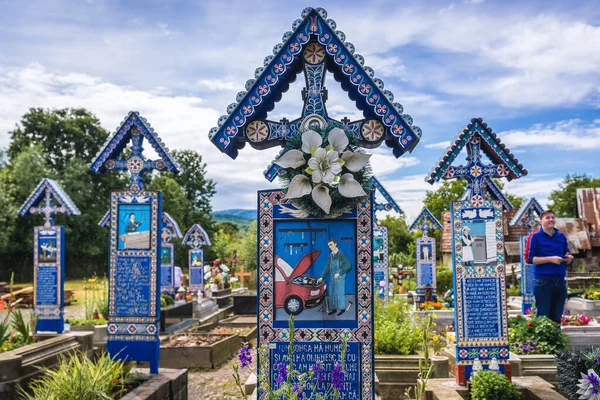 Sapanta Rumania Julio 2019 Lápidas Pintadas Madera Llamado Cementerio Merry — Foto de Stock