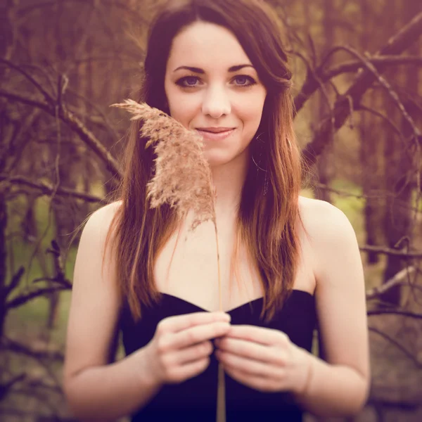 Jeune femme sensuelle en bois harmonie avec la nature — Photo