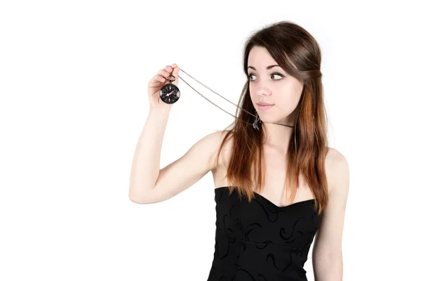 Woman beauty in studio isolated with clock — Stock Photo, Image