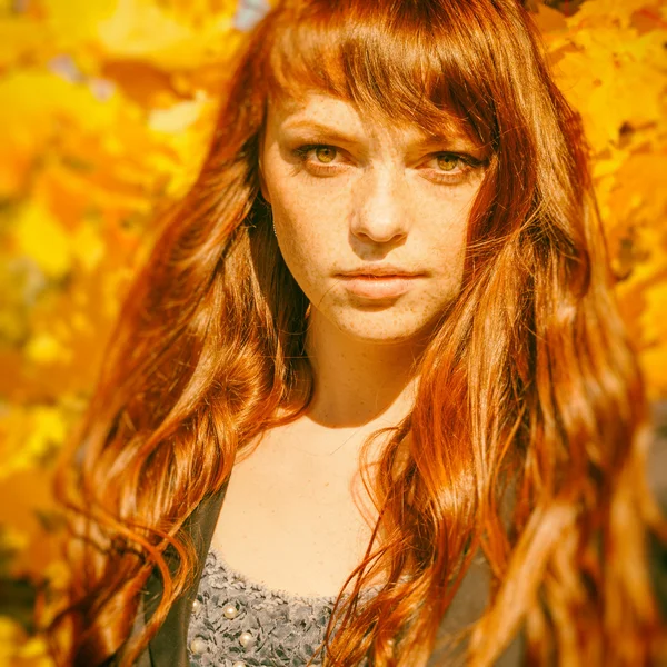 Belle femme avec rousseur et rousseur dans le parc d'automne — Photo