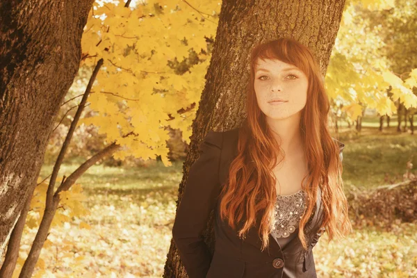 Hermosa mujer con el pelo rojo en el parque de otoño —  Fotos de Stock