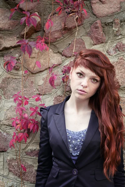 Unusual freckles woman urban fashion European style — Stock Photo, Image