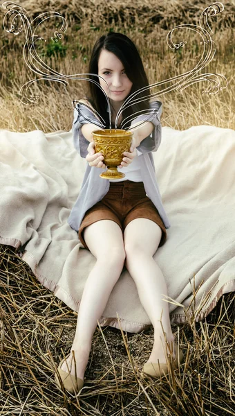 Young beautiful unusual girl illustrates conceptual idea in fiel — Stock Photo, Image