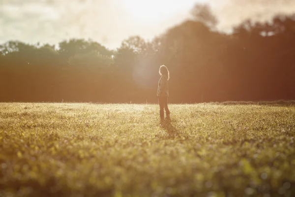 Silhouette de jeune femme libre au lever du soleil fond de forêt — Photo