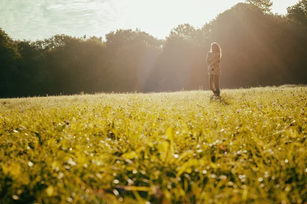 Silhouet van vrije jonge vrouw bij zonsopgang bos achtergrond — Stockfoto