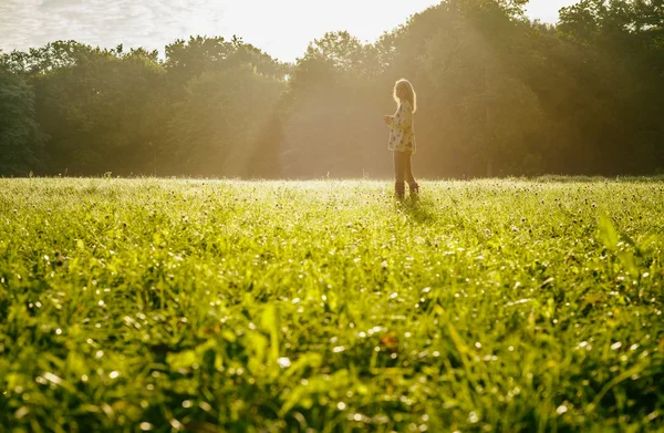 Silhouette der freien jungen Frau bei Sonnenaufgang Waldhintergrund — Stockfoto