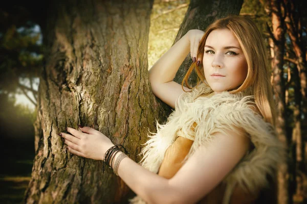 Conto de fadas moderno sobre a beleza da menina na madeira — Fotografia de Stock