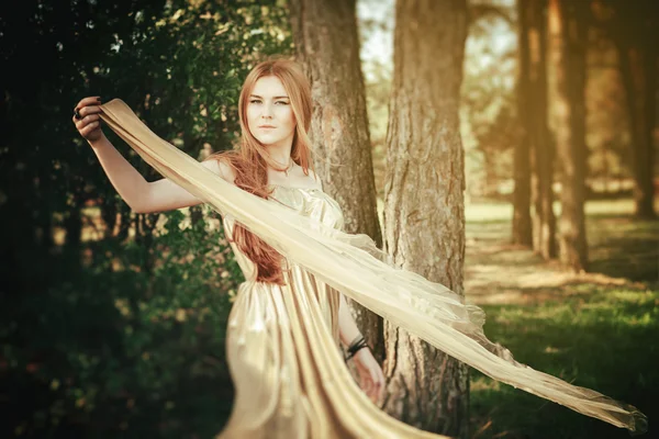 Piękna dziewczyna w drewnie z tkanki na wiatr — Zdjęcie stockowe