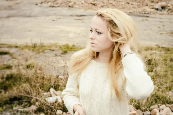 Young sensual girl blonde in windy fall outdoors — Stock Photo, Image