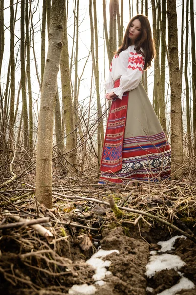 Young woman in Slavic Belarusian national original suit outdoors — Stock Photo, Image