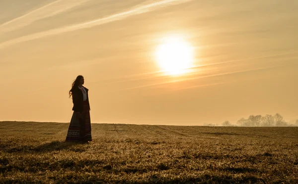 Young woman in Slavic Belarusian national original suit outdoors — Stock Photo, Image