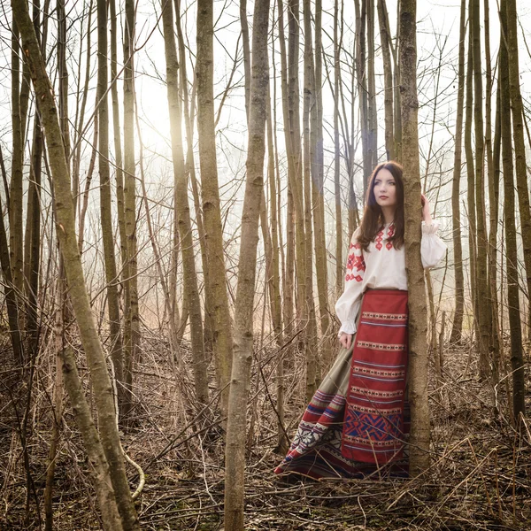 Young woman in Slavic Belarusian national original suit outdoors — Stock Photo, Image