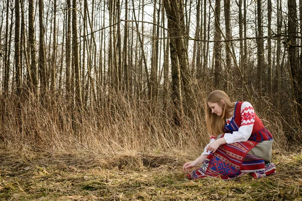 Young woman in Slavic Belarusian national original suit outdoors — Stock Photo, Image