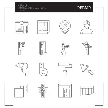 Repair, Tools, Materials and more thin line icons set