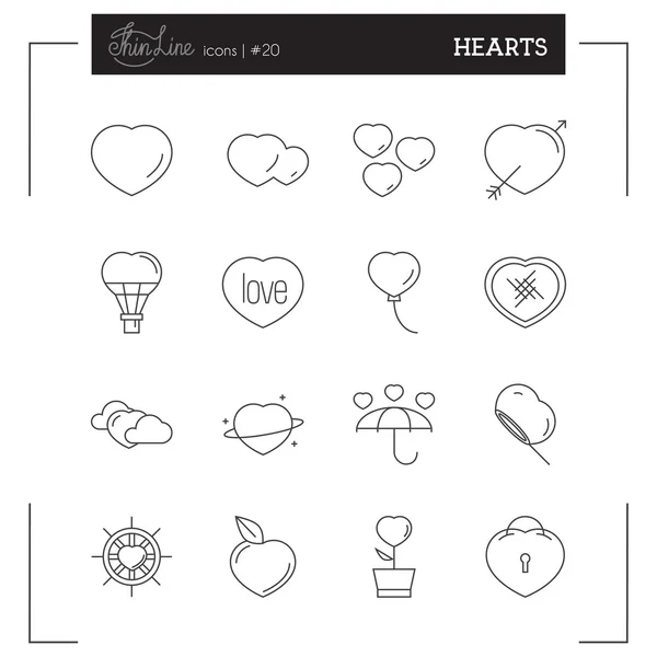 Corações, Amor, Romântico, Dia dos Namorados e ícones de linha mais finos conjunto — Vetor de Stock