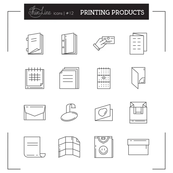 Printing Objects, Catalog, Business Card, Calendar, Flayer, Paper Bag, Folder and more thin line icons set — Stock Vector