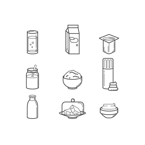 Milk products sings set. Thin line art icons. — Stock Vector
