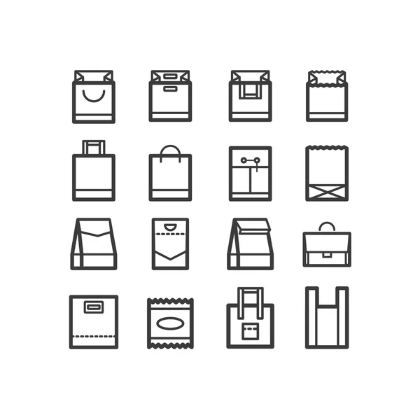 Package icons. Line icon set of boxes and package objects, tools elements. Craft box, paper bag, cotton bag, plastic bag, individual packing. Bags and package icons. — Stock vektor