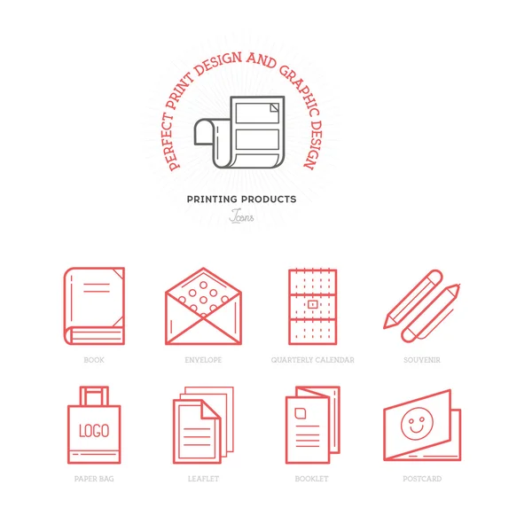 Flat line icons of Print design products, from pamphlet and booklet to greeting card, calendar, folder, flayers, labels, souvenirs, bags and package.