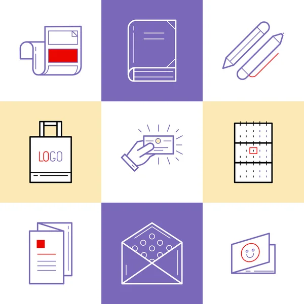Flat line icons of Print design products, from pamphlet and booklet to greeting card, calendar, folder, flayers, labels, souvenirs, bags and package. — 图库矢量图片