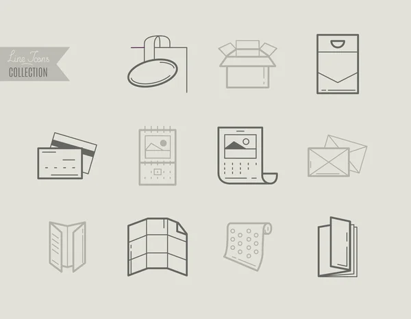 Iconos de línea plana de productos de diseño de impresión, desde panfleto y folleto hasta tarjetas de plástico, calendario, patrón, sobres, bolsas y paquetes . — Vector de stock