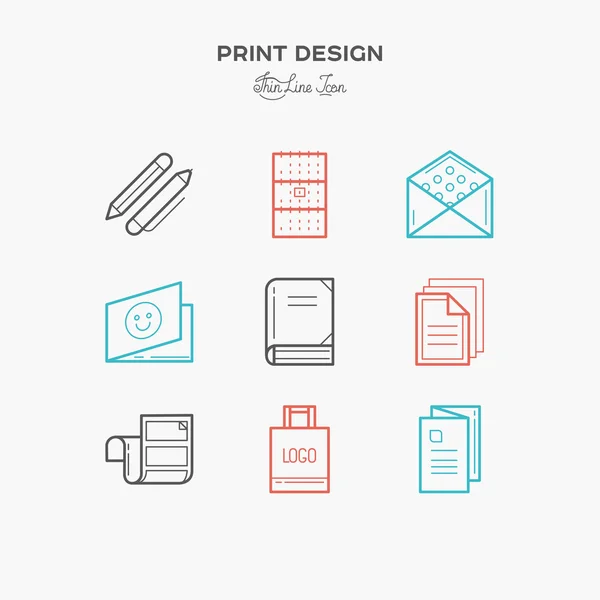 Flat line icons of Print design products, from pamphlet and booklet to greeting card, calendar, folder, flayers, labels, souvenirs, bags and package. — Wektor stockowy