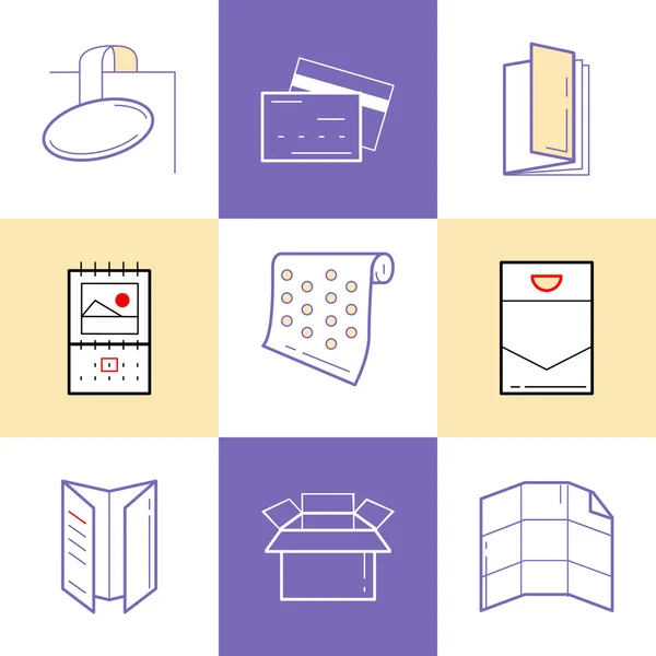 Flat line icons of Print design products, from pamphlet and booklet to plastic card, calendar, pattern, envelopes, bags and package. — Stockový vektor